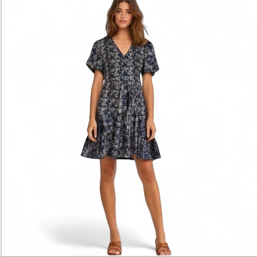 Belongsci Floral Mini Summer Dress Tea Style Navy Ruffled Hem Size Small